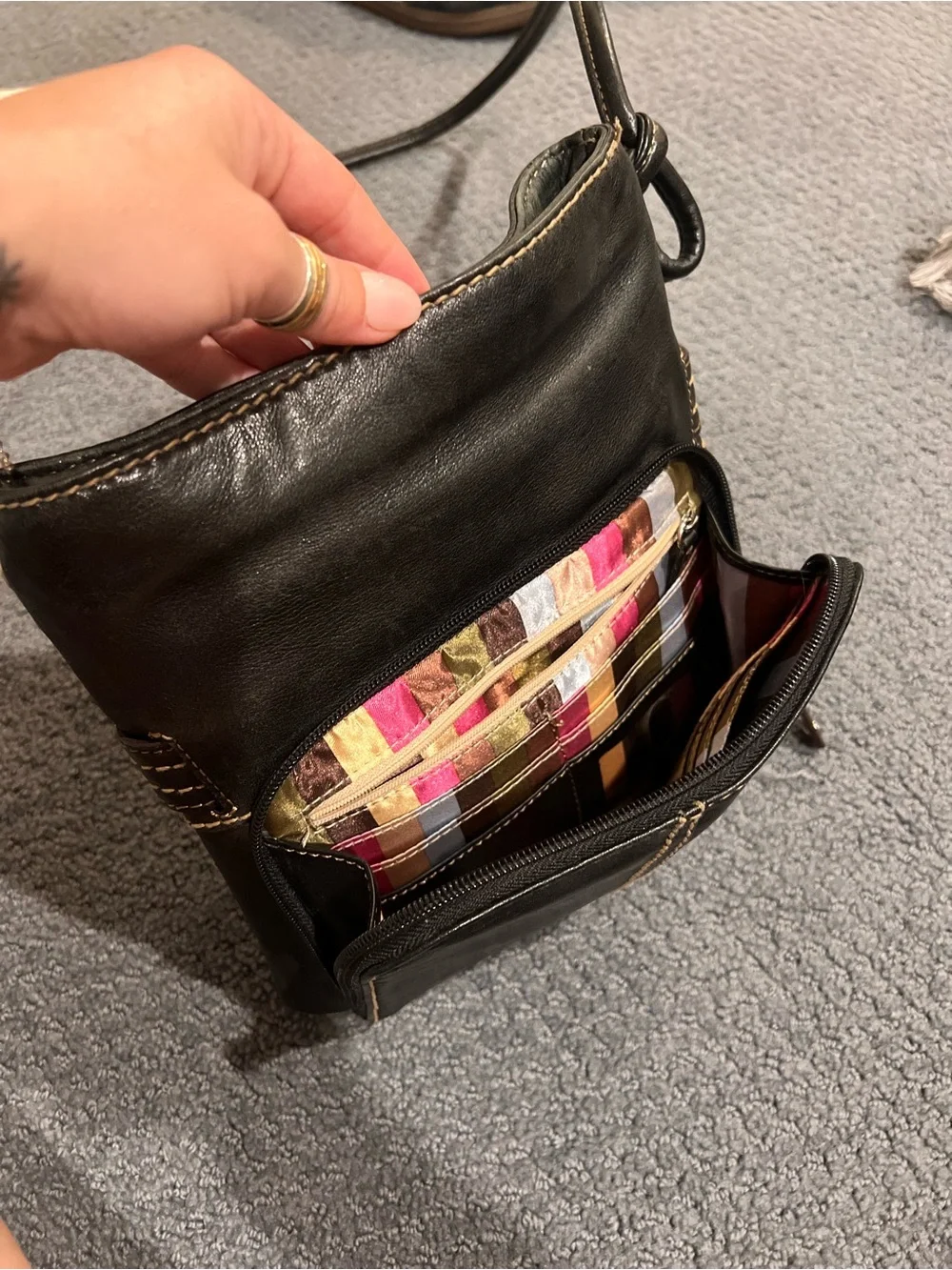 Tignanello Black Leather Crossbody with Contrasting Stitching
